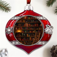 Books Library Metal Snowflake And Bell Red Ornament