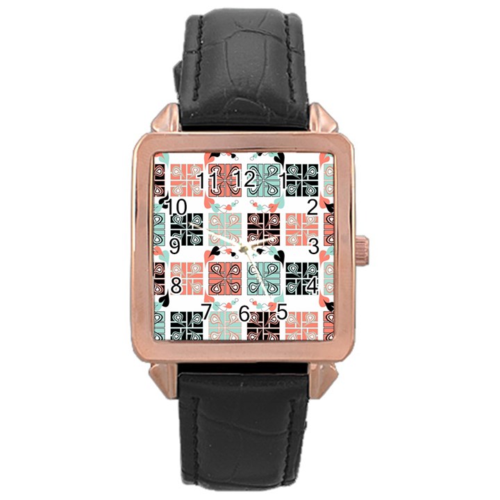 Mint Black Coral Heart Paisley Rose Gold Leather Watch 