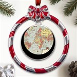 Vintage Old Antique World Map Metal Red Ribbon Round Ornament Front