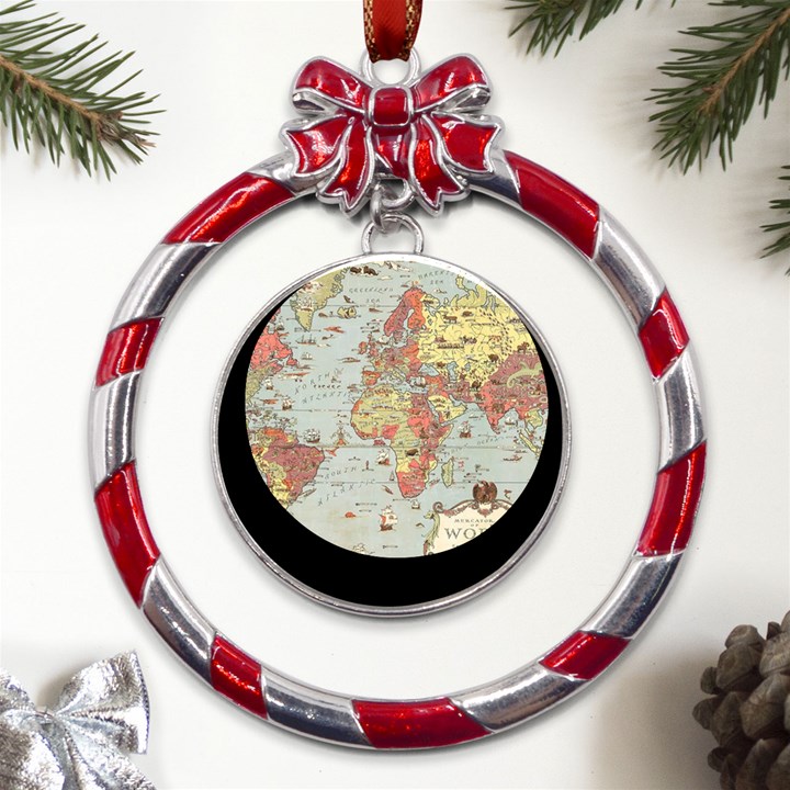 Vintage Old Antique World Map Metal Red Ribbon Round Ornament