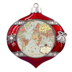 Vintage Old Antique World Map Metal Snowflake And Bell Red Ornament