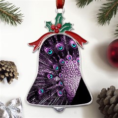 Purple Peacock Metal Holly Leaf Bell Ornament