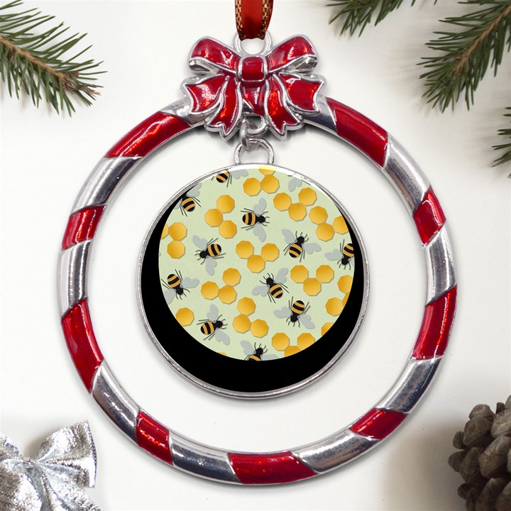 Bees Pattern Honey Bee Bug Honeycomb Honey Beehive Metal Red Ribbon Round Ornament