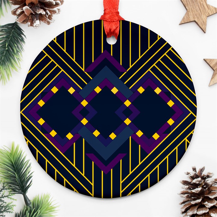 Line Square Pattern Violet Blue Yellow Design Ornament (Round)