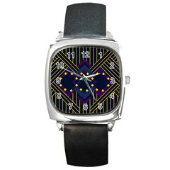 Line Square Pattern Violet Blue Yellow Design Square Metal Watch by Ravend