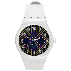 Line Square Pattern Violet Blue Yellow Design Round Plastic Sport Watch (m) by Ravend