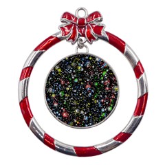 Universe Star Planet Galaxy Metal Red Ribbon Round Ornament