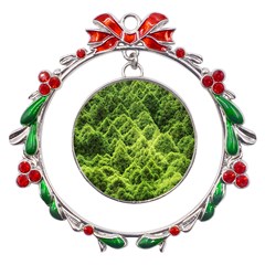 Green Pine Forest Metal X mas Wreath Ribbon Ornament by Ravend