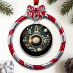 Technology Robot Internet Processor Metal Red Ribbon Round Ornament Front