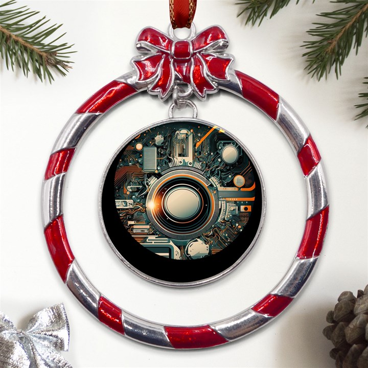 Technology Robot Internet Processor Metal Red Ribbon Round Ornament