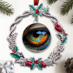 Eye Bird Feathers Vibrant Metal X mas Wreath Holly Leaf Ornament