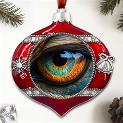 Eye Bird Feathers Vibrant Metal Snowflake And Bell Red Ornament