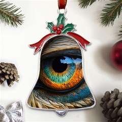 Eye Bird Feathers Vibrant Metal Holly Leaf Bell Ornament