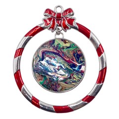 Abstract Strata Iv Metal Red Ribbon Round Ornament