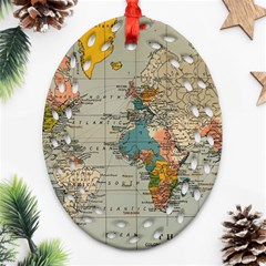 Vintage World Map Oval Filigree Ornament (two Sides)