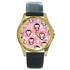 Cute Penguin Pattern Round Gold Metal Watch