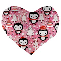 Cute Penguin Pattern Large 19  Premium Flano Heart Shape Cushions