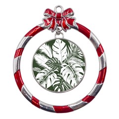 Abstract Art Tropical Leaves Metal Red Ribbon Round Ornament