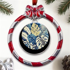 Abstract Art Tropical Leaves Metal Red Ribbon Round Ornament by Valentinaart