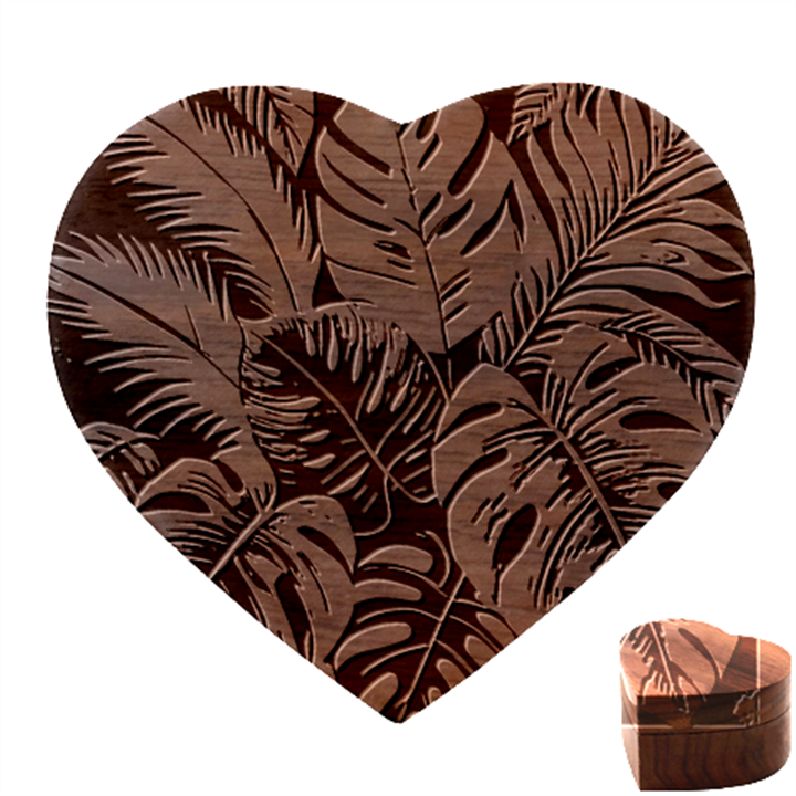 Abstract Art Tropical Leaves Heart Wood Jewelry Box