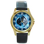 Awesome Wolves Round Gold Metal Watch Front