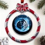 Awesome Wolves Metal Red Ribbon Round Ornament Front