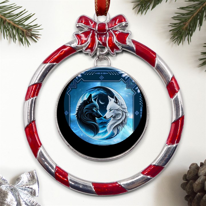 Awesome Wolves Metal Red Ribbon Round Ornament