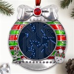 Seamless Pattern Of Glowing Circuit Board Neon Technology Metal X Mas Ribbon With Red Crystal Round Ornament Front