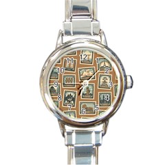 Retro Postage Seamless Pattern Round Italian Charm Watch by Loisa77