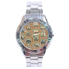 Retro Postage Seamless Pattern Stainless Steel Analogue Watch by Loisa77