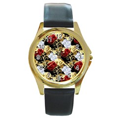 Roses Seamless Pattern Floral Round Gold Metal Watch by Loisa77