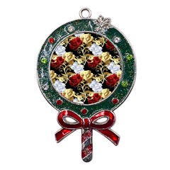 Roses Seamless Pattern Floral Metal X mas Lollipop With Crystal Ornament