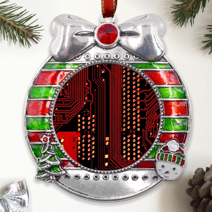 Red Circuit Board Texture Red Circuit Digital Texture Circuit Board Red Technology Metal X Mas Ribbon With Red Crystal Round Ornament