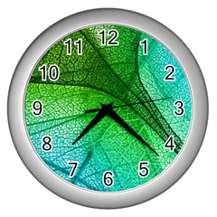 3d Leaves Texture Sheet Blue Green Wall Clock (silver) by Cemarart