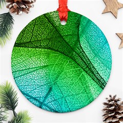 3d Leaves Texture Sheet Blue Green Round Ornament (two Sides)