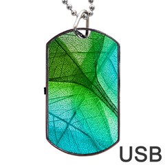 3d Leaves Texture Sheet Blue Green Dog Tag Usb Flash (two Sides) by Cemarart