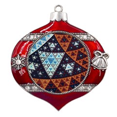 Fractal Triangle Geometric Abstract Pattern Metal Snowflake And Bell Red Ornament