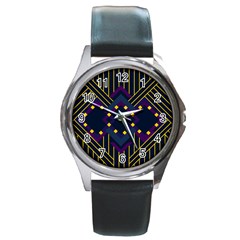 Line Square Pattern Violet Blue Yellow Design Round Metal Watch by Ravend