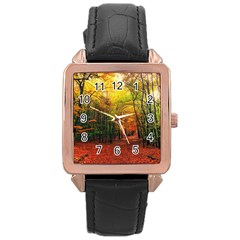 Forest Woods Autumn Nature Rose Gold Leather Watch  by Proyonanggan