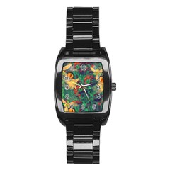 Illustrations Color Cat Flower Abstract Textures Orange Stainless Steel Barrel Watch by anzea