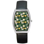 Flower Green Pattern Floral Barrel Style Metal Watch Front