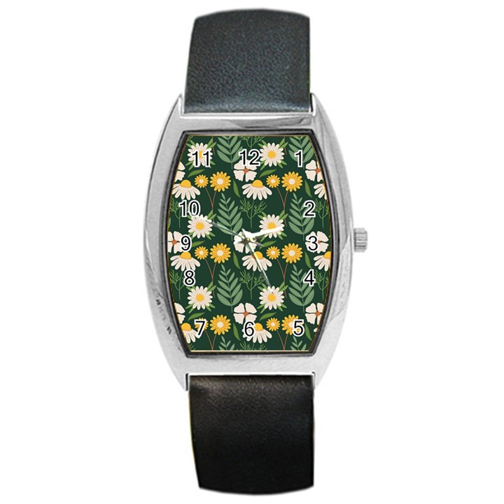 Flower Green Pattern Floral Barrel Style Metal Watch