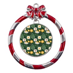 Flower Green Pattern Floral Metal Red Ribbon Round Ornament by anzea