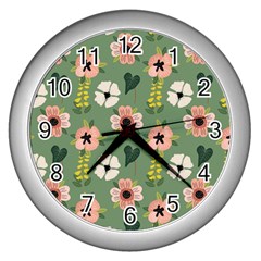 Flower Green Pink Pattern Floral Wall Clock (silver) by anzea