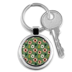 Flower Green Pink Pattern Floral Key Chain (round) by anzea