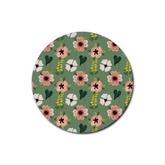 Flower Green Pink Pattern Floral Rubber Coaster (round) by anzea