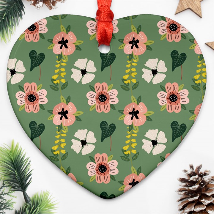 Flower Green Pink Pattern Floral Heart Ornament (Two Sides)