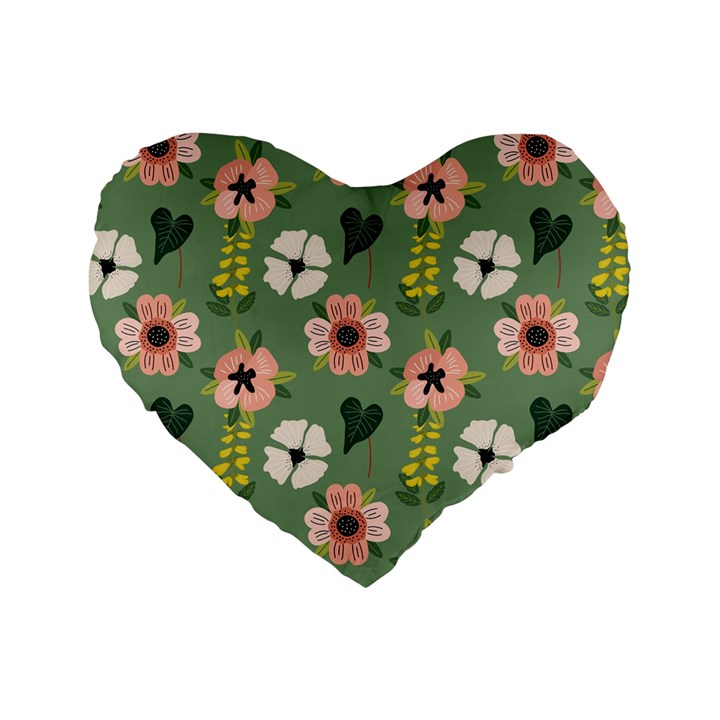 Flower Green Pink Pattern Floral Standard 16  Premium Heart Shape Cushions