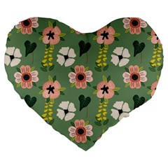 Flower Green Pink Pattern Floral Large 19  Premium Heart Shape Cushions by anzea