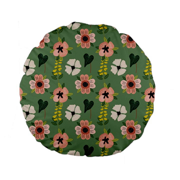 Flower Green Pink Pattern Floral Standard 15  Premium Flano Round Cushions